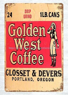 Golden West Coffee cowgirl oregon metal tin sign decorating tips