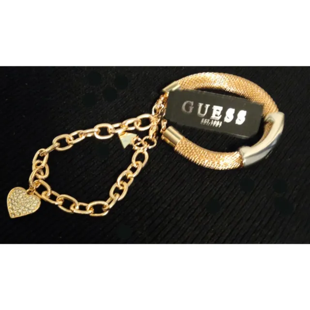 New GUESS 2 Piece Silver Gold Tone Mesh Chain Crystal Heart Charm Bracelet Set