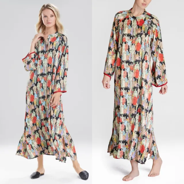 Natori Dynasty Mandarin Print Inspired Zip Caftan Maxi Dress Longsleeve Size L