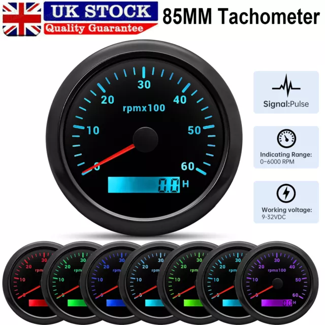 85MM Car Boat Marine Tachometer 0-6000 RPM Rev Counter Gauge With LED Hourmeter