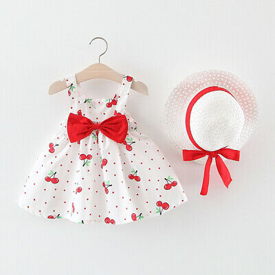 Toddler Baby Kids Girls Sleeveless Cherry Dot Princess Dresses Bow Hat Outfits