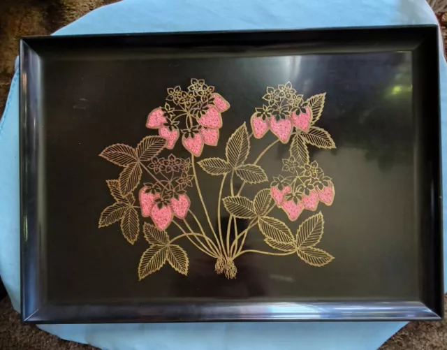 Vintage Black Serving Tray With Strawberries Inlaid, By Couroc Of Monterey, CA