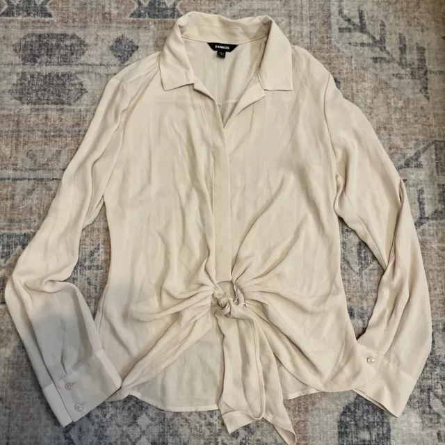 Express Women's Cream Size Small Front Tie Knot Longsleeve Top Button up