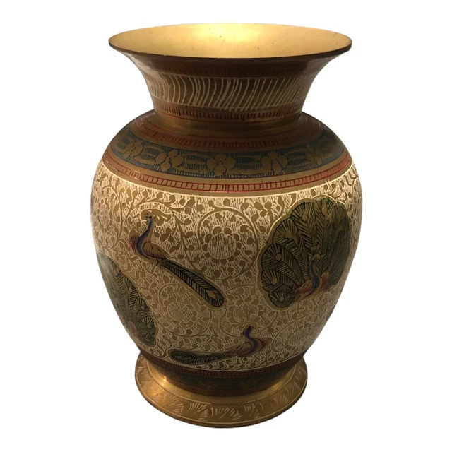 Vintage Old Antique Brass Vase hand engraved Peacock India Asia Artis 941.5