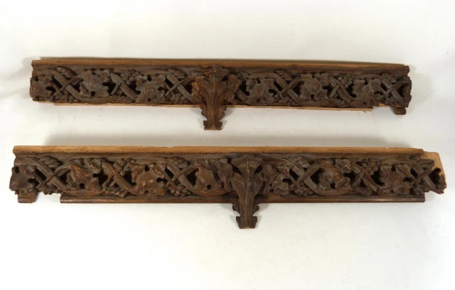 2 Antique Hand-Carved Oak Architectural Salvage Trim Pieces Grape Vine 24 x 2.5"