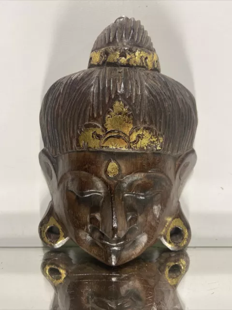 Vintage Teak Wood Hand Carved Buddha Head Statue Wall Hanging
