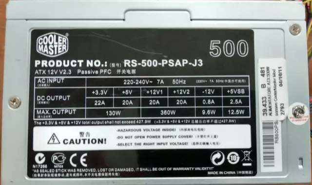 Cooler Master RS-500-PSAP-J3 500W ATX 20+4 PIN  PSU Alimentatore PC