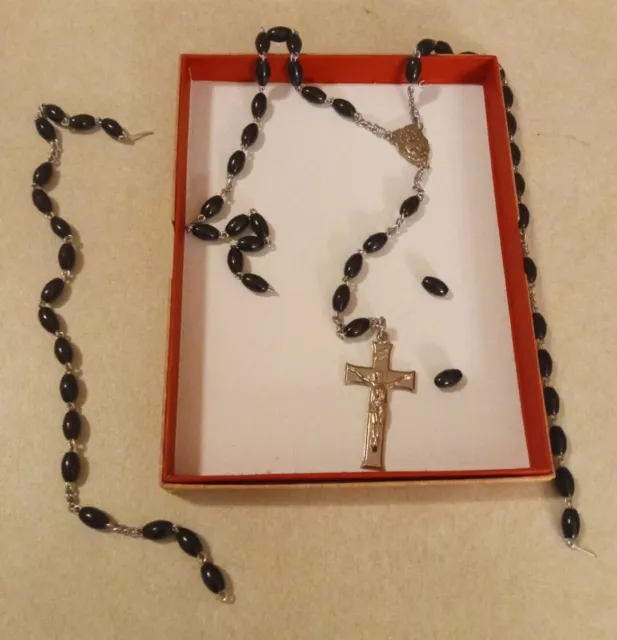 Rosary Black Beaded Catholic Priest Blessed Broken Chain Medal & Crucifix Intact