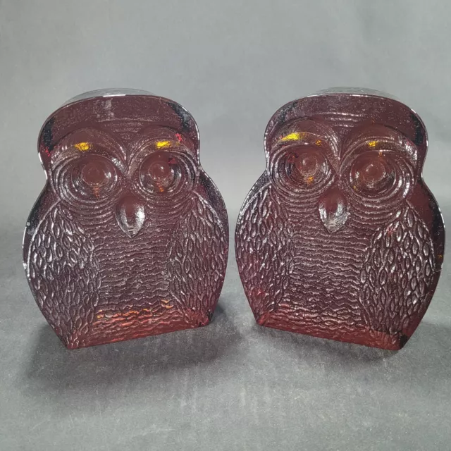 Vintage Blenko Amber Brown Art Glass Owl Bookends Pair JOEL MYERS Mid Century