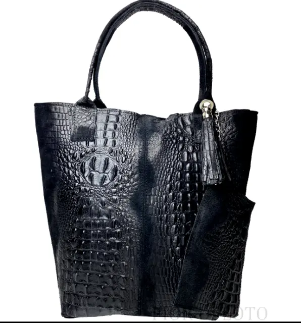 Italian Leather & Suede Croc Embossed X-Large Shoulder Bag Tote - Made In Italy