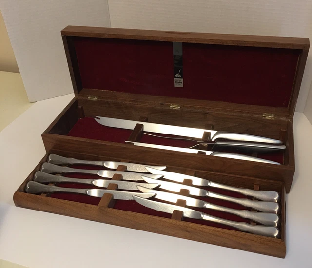 Gerber Legendary Blades 11 Pc Carving + 8 Steak Knife Set in Walnut Case Vintage