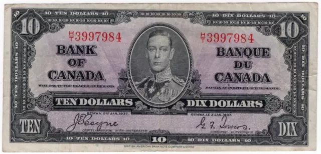1937 Bank of Canada $10 Dollars Note - Coyne/Towers - H/T3997984 - VF