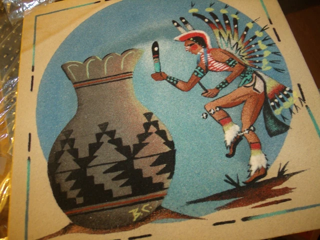Vtg BENNY CHARLEY SIGNED Sand Art Picture Glazed Pueblo Pottery New Mexico