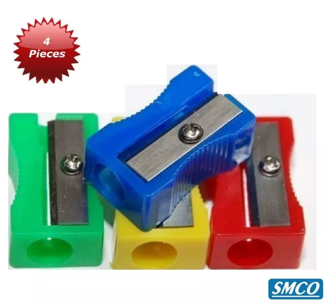 4 PLASTIC PENCIL SHARPENERS Bright Colours SINGLE HOLE Great For School BY SMCO