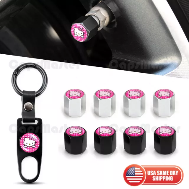Universal Car Wheels Tire Valve Dust Stem Air Cap Keychain Pink Hello Kitty Logo