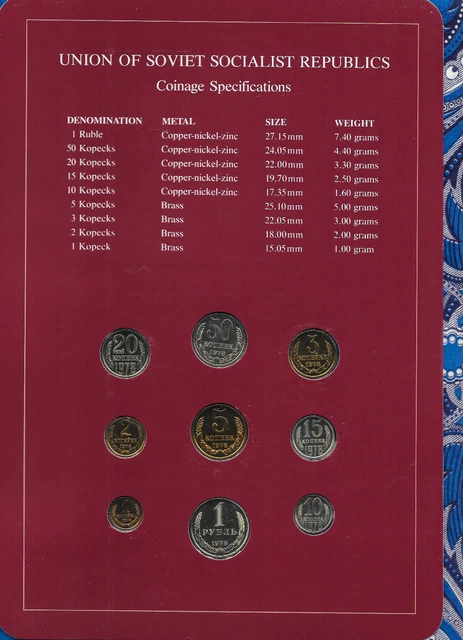 Coin Sets of All Nations USSR Russia UNC 1 Ruble 2,3,5,10,15,20,50 Kopecks 1978 2