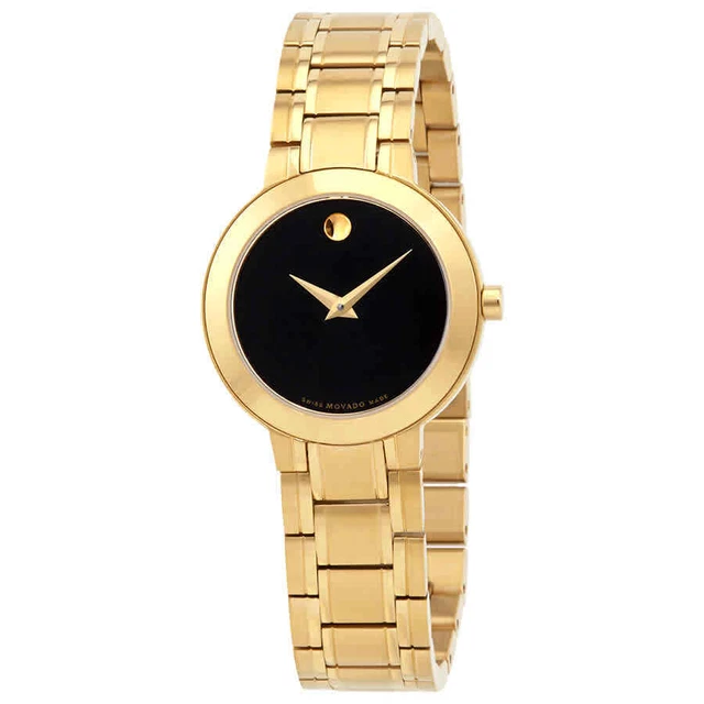 Movado Stiri Quartz Black Dial Yellow Gold PVD Ladies Watch 0607282