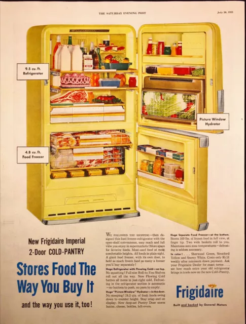 1955 Frigidaire Refrigerator Print Ad Yellow Open Doors Full of Food