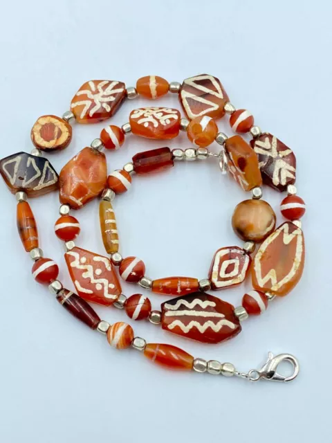 Antique Old Etched Carnelian Amulet Pendant Beads Necklace Mala