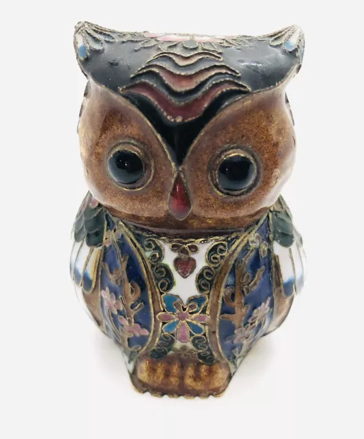 Vintage Cloisonné Owl Figurine Chinese Enamel Bird Figure Brass 2.75”