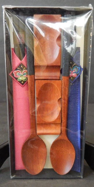 NEW IN BOX Pair of Wooden Chopstick (in Silk Case), Spoon and Rest Sets - Korean