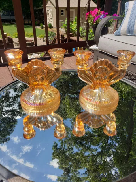 2 Jeannette Glass Marigold Carnival Glass Iris Herringbone Double Candle Holders