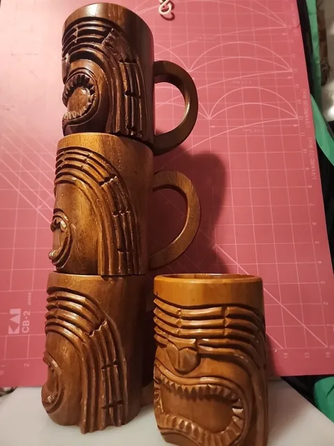 🗿🍹 Vintage Polynesian Monkey Pod Wood Carved Tiki Mugs - Hawaiian Aloha Spirit