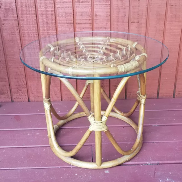 Vintage Rattan Accent Side End Table Plant Stand Bent Wood Glass Top 24x18 Boho