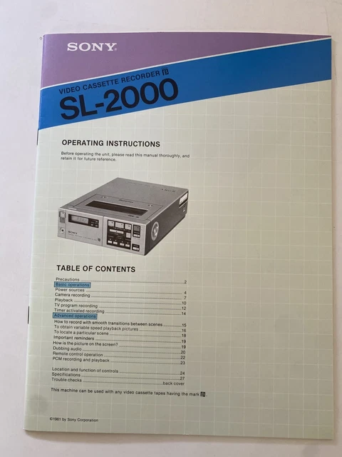 1981 SONY Betamax Tape SL-2000 OPERATING  MANUAL (NEW)