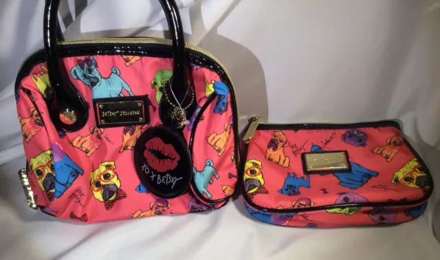 Betsy Johnson Pug Bags With Handle Set Of Two With One Cosmetic Bag