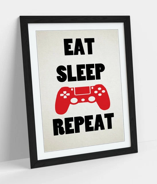 "Eat Sleep Game Repeat" Funny Gamer Quote Kids -Framed Wall Art Picture Print