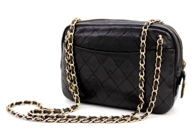 Chanel Lambskin Quilted Pearl Top Handle Clutch Flap Black Crossbody Mini
