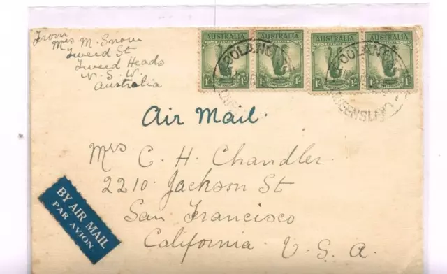 4/- Airmail Coolangatta cover to San Francisco