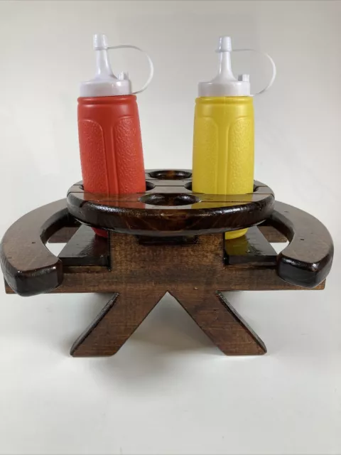 Wood  Mini Picnic Table Condiment Caddy  Ketchup Mustard Salt Pepper