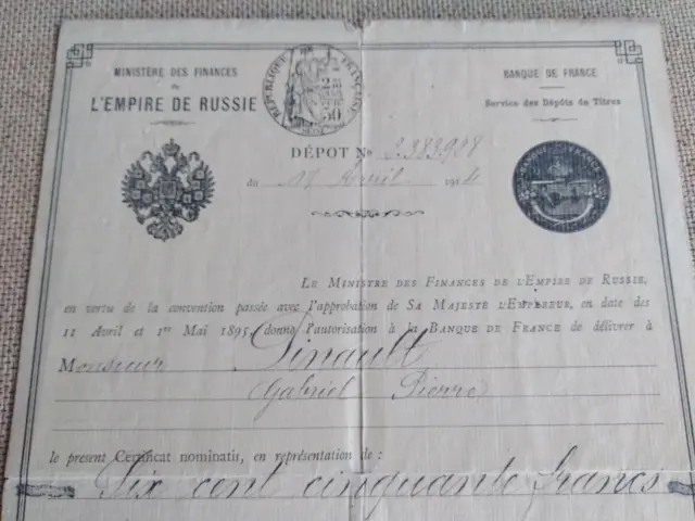 Certificat de dépot Emprunts Russes 1914 rente 5% tampons titres au porteur
