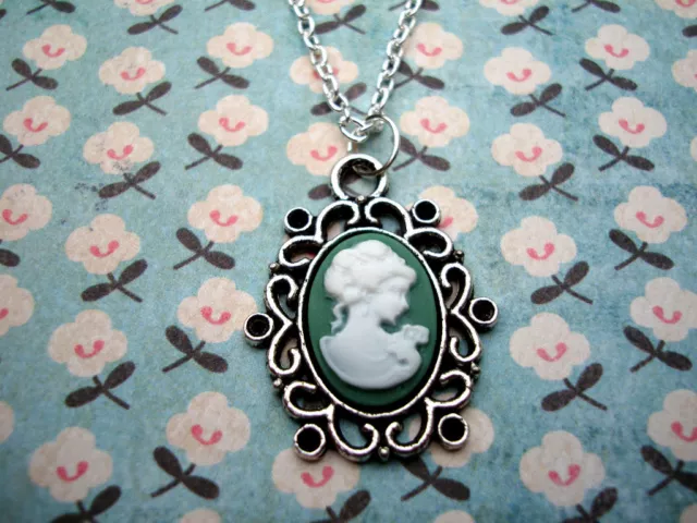 Funky Green Cameo Necklace Cute Kitsch Vintage Style Retro Victorian Lady Gift