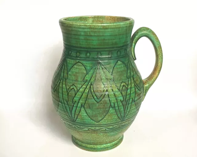 Large Charlotte Rhead jug vase, for Crown Ducal, green, shape 145, 1930s