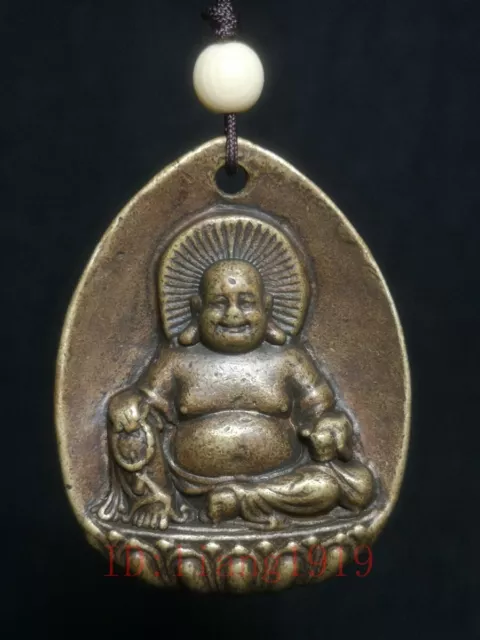 Old Chinese Tibet Bronze Carving Happy Maitreya Buddha Statue Necklace Pendant