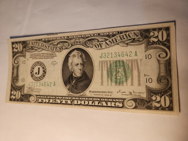 1934-B $20 Federal Reserve Note J-A Block LGS Julian Vinson