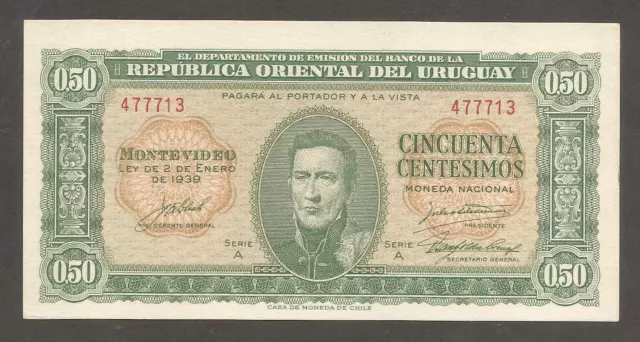 Uruguay 50 Centesimos 2.1.1939; UNC, P-34; National hero