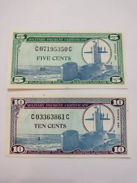 Military Payment Certificates Series 681 TEN CENTS / FIVE CENTS Old MPC Currency