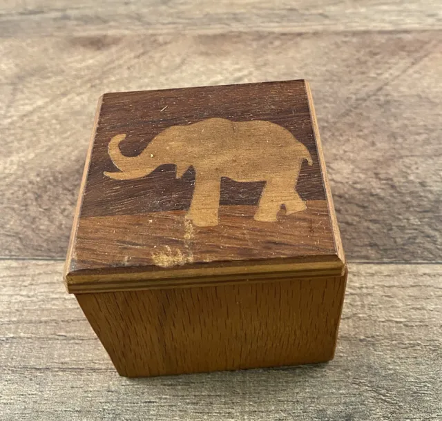 Wooden Elephant Trinket Ring Box Rotating Lid Vintage