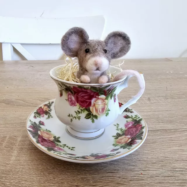 Whimsical Needle Felted  Field Mouse In Teacup wool Gift  woodland Animal Rodent