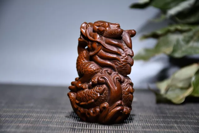 Chinese Exquisite Collection Hand Carved Boxwood Wood Dragon Statue 3