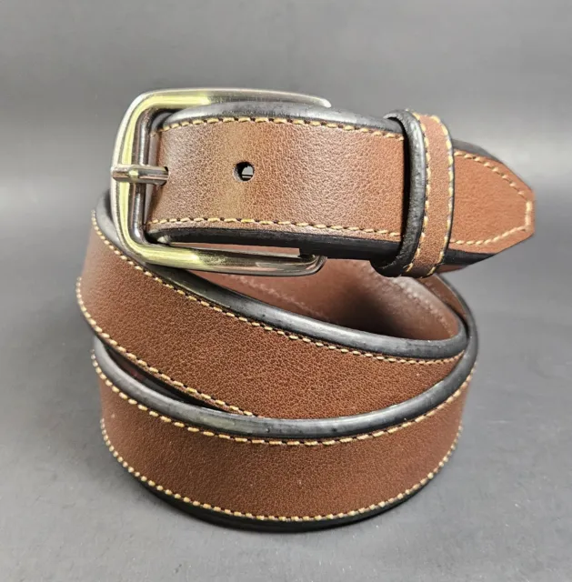 Nordstrom Mens Shop Leather Belt Brown Black Single Stitch Silver Buckle Sz 40