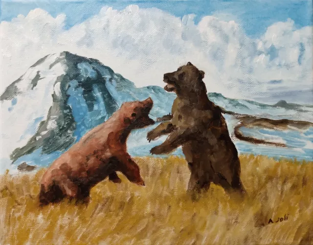 Oil Painting Bears Fighting Mountain Landscape Wildlife Animal Art A. Joli