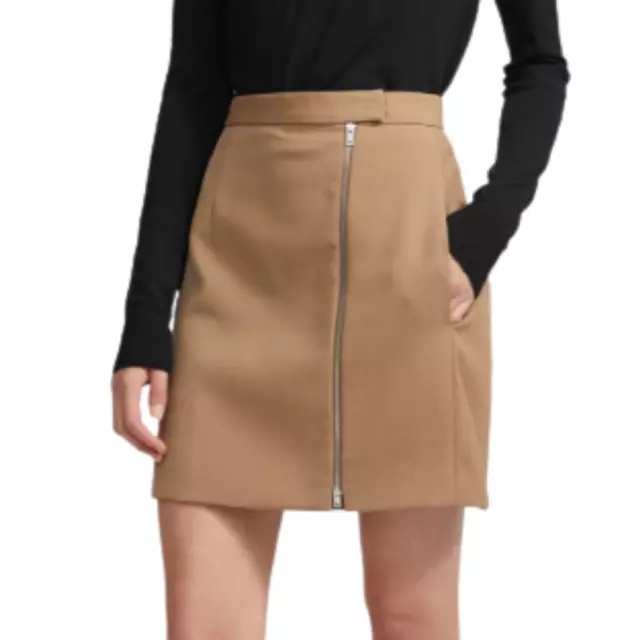 THEORY Tan Zip Mini Skirt in Stretch Wool Lined A-Line Pockets Women's 4