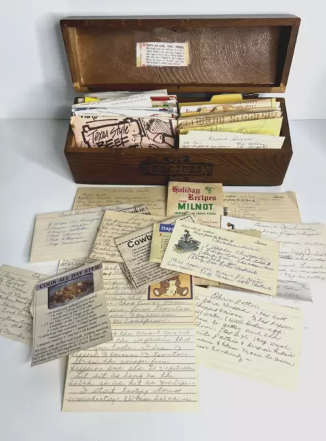 Vintage Wooden Recipe Box W/ Lid & Recipes Handwritten & Cut From Magazines Etc