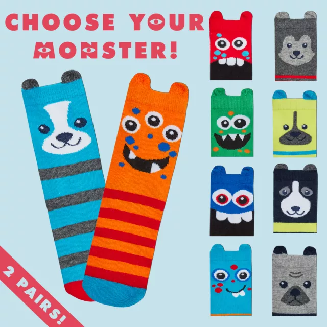 * 2 Pairs Childrens Boys Funky Funny Cool Monster Dog Ankle Socks with Ears Gift