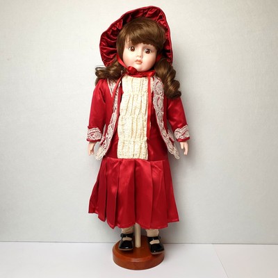 Create a Doll Porcelain Doll Brunette Girl Red Dress with Stand 56cm